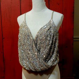 Express Sequined Thong bodysuit, silver over beige - Small